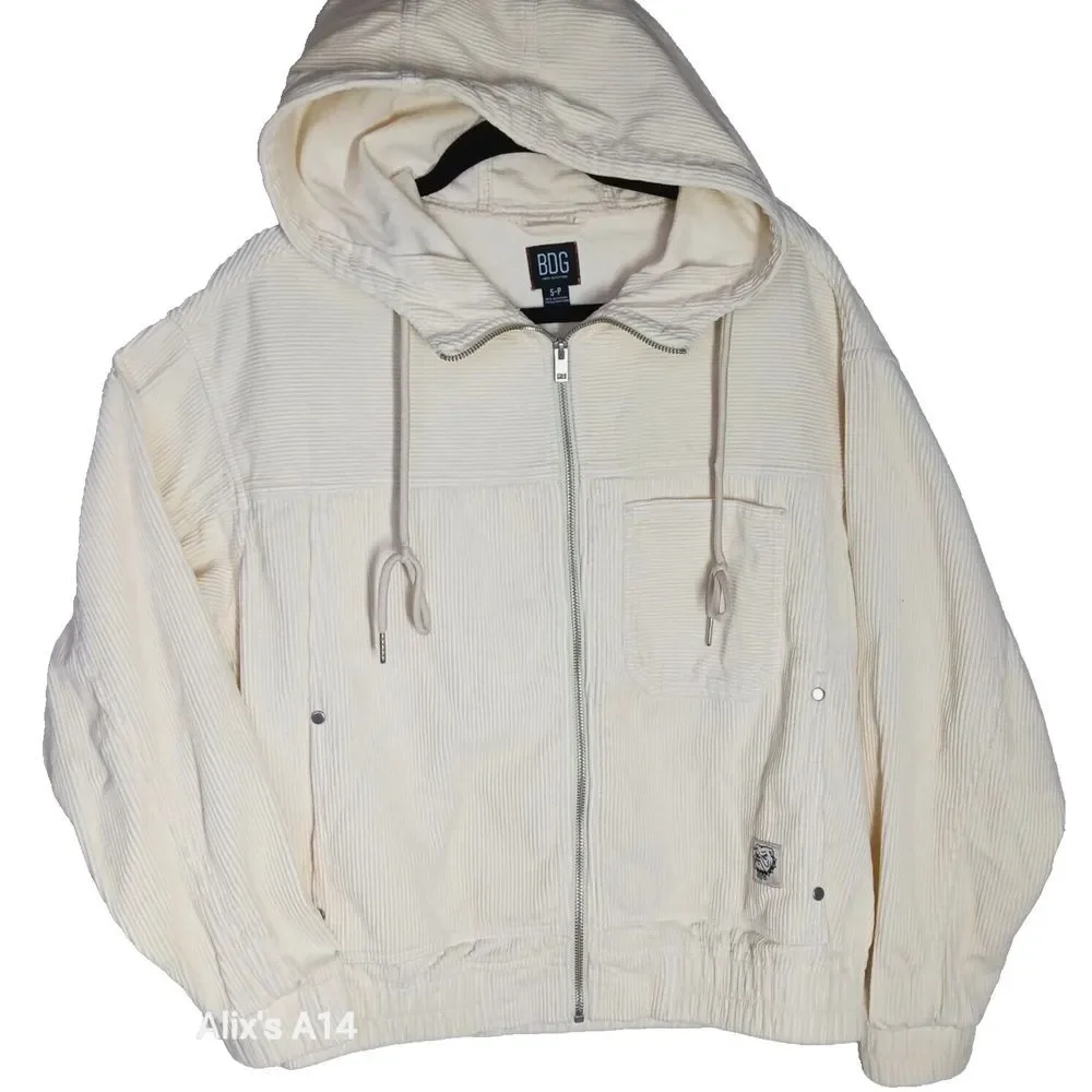 BDG Urban Outfitters Cream Corduroy‎ Hooded Crop Jacket Size Small